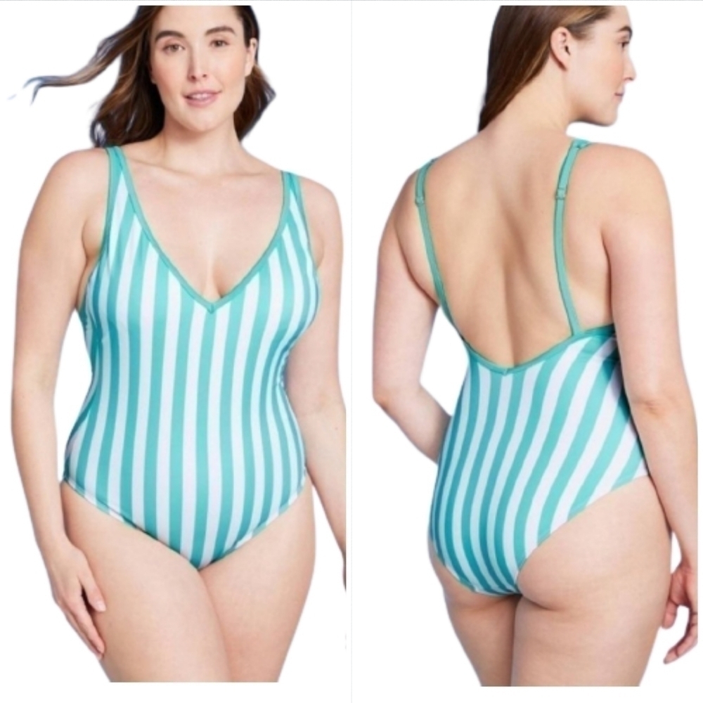 New Kona Sol Turquoise Striped V-neck One Piece High Leg Swimsuit Size XL